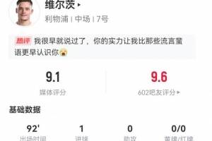 破球荒!维尔茨本场1球+3关键传球 8过人7成功 获评9.1分全场最高